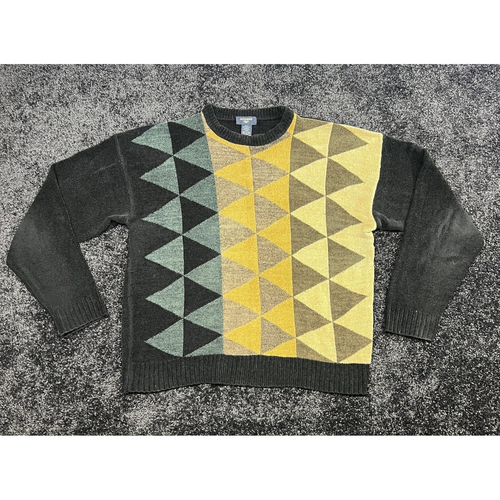 Vintage‎ Dockers Mens Geometric Sweater Medium Black Yellow Knit Acrylic Rayon